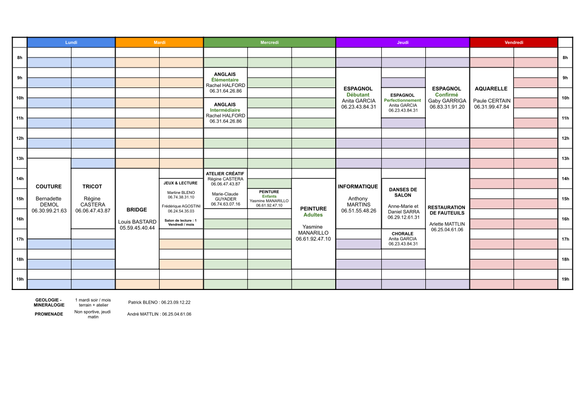 Calendrier des Activités - ACL - 2022 et 2023
